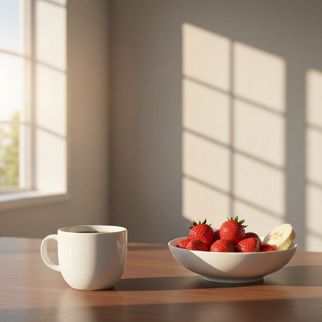 Morgendliche Routine mit Tasse Tee und frischen Früchten