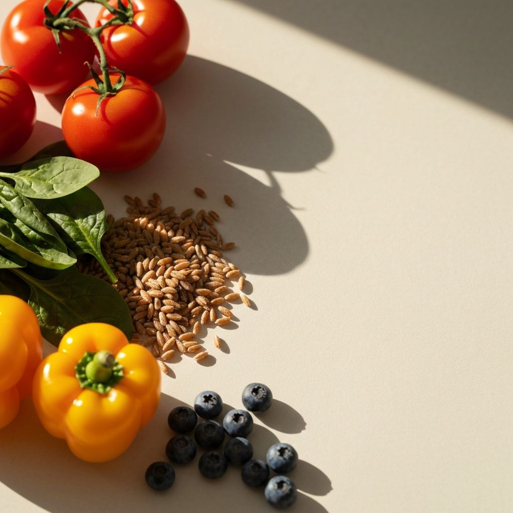 Verschiedene Vollkornprodukte und frisches Gemüse